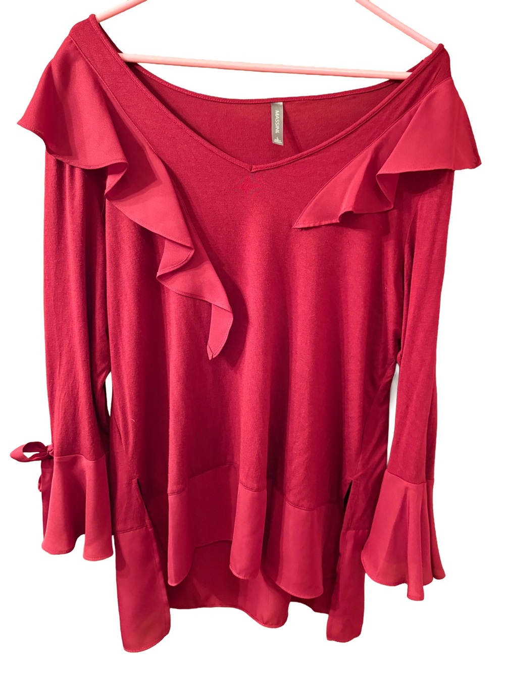 Massini Russet Red Ruffle V-Neck Women's Top Fall Holiday Christmas L EUC